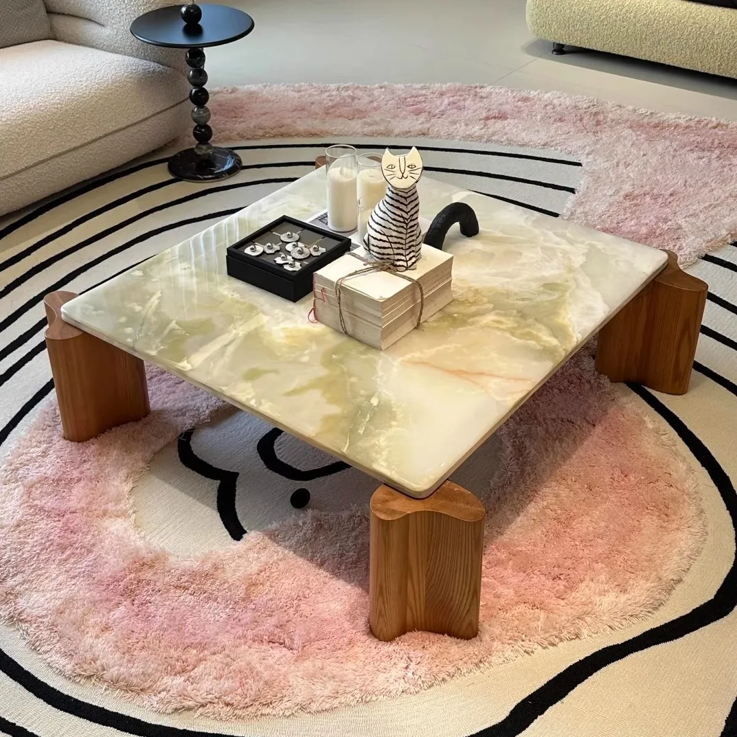 Celadon Green Marble & Solid Wood Square Table, Nordic Wabi-Sabi Minimalist Design, Heat&Scratch Resistant, Artisan, Customize