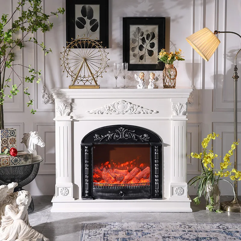 French retro white fireplace cabinet simulation fire living room heating fireplace villa light luxury solid wood carving