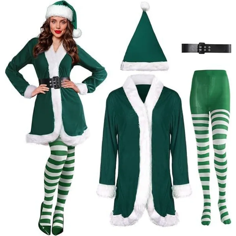 

Girls santa Costume Set 4 Pieces Plush Christmas Dress Hat Belt and Leggings Holiday Outfit for Role Playing and Themed Parties