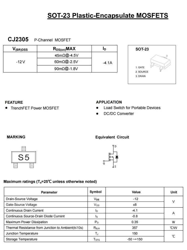 CJ2305 SOT-23 20pcs s5 1P-channel withstand voltage 12V Current 4.1A MOSFETS