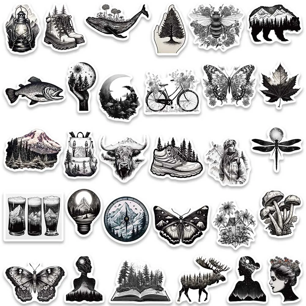 10/60PCS Black White Gothic Outdoor Landscape Stickers Aesthetic DIY Luggage Bike Skateboard Graffiti Girl Gradient Sticker Toy