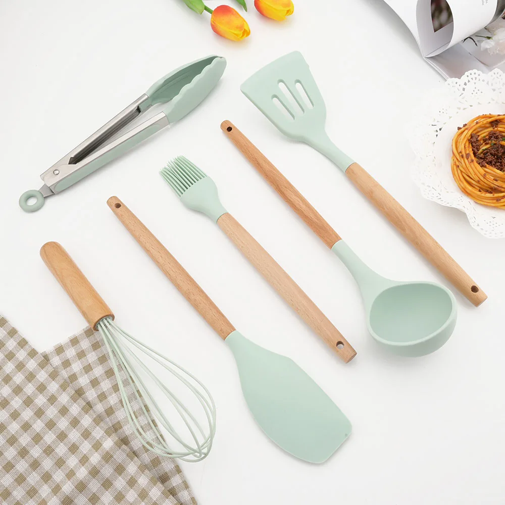 1Pcs Mint Green Silicone Cooking Utensils Set Non-Stick Spatula Shovel Wooden Handle Cooking Tools Set Kitchen Tool Accessories