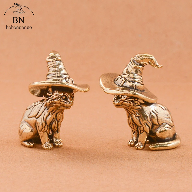 Cute sorcerer Cat Small Statue Creative Solid Brass Childish Animal Kitten Miniature Figurine Ornaments Retro Home Decors - view 5