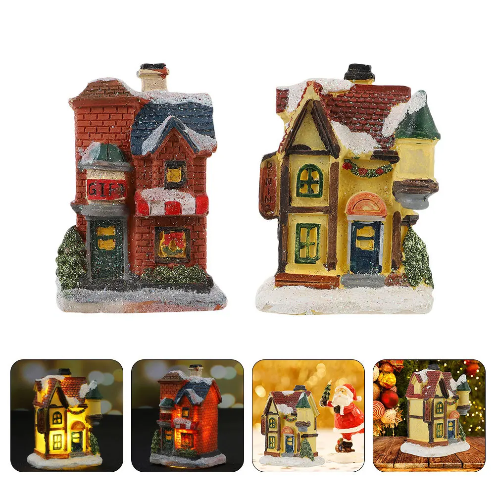 

2Pcs Christmas Mini Resin Landscape Decor Light Up Holiday Ambiance Xmas Desktop Ornament Indoor Outdoor Use