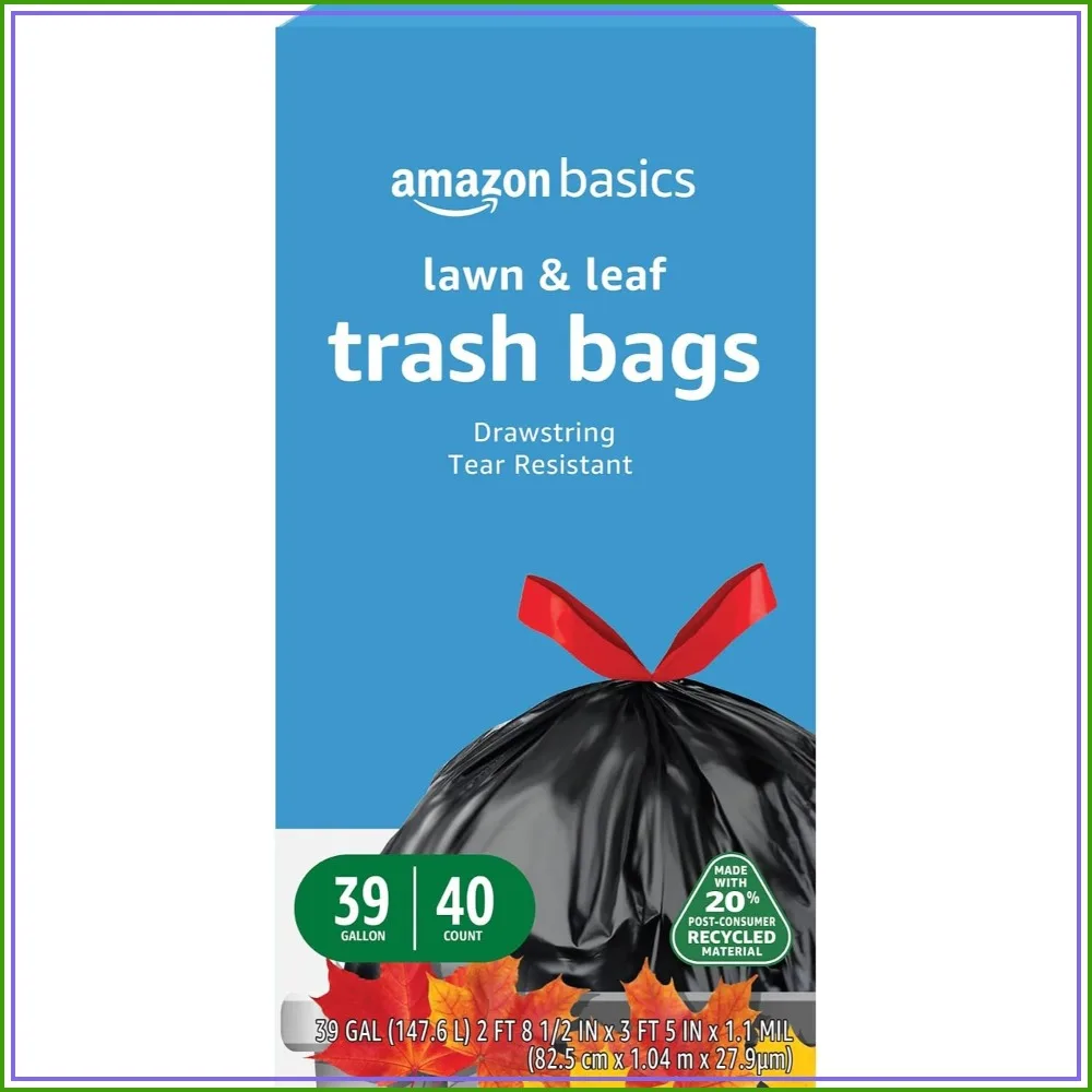 Heavy Duty 39 Gallon Lawn & Leaf Drawstring Trash Bags, 40 Count, Black, 20% Recycled