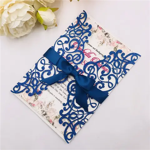 25 peças corte a laser azul glitter capa de convite de casamento, chá de panela diy xv festa de aniversário ouro glitter cartão capa ic123
