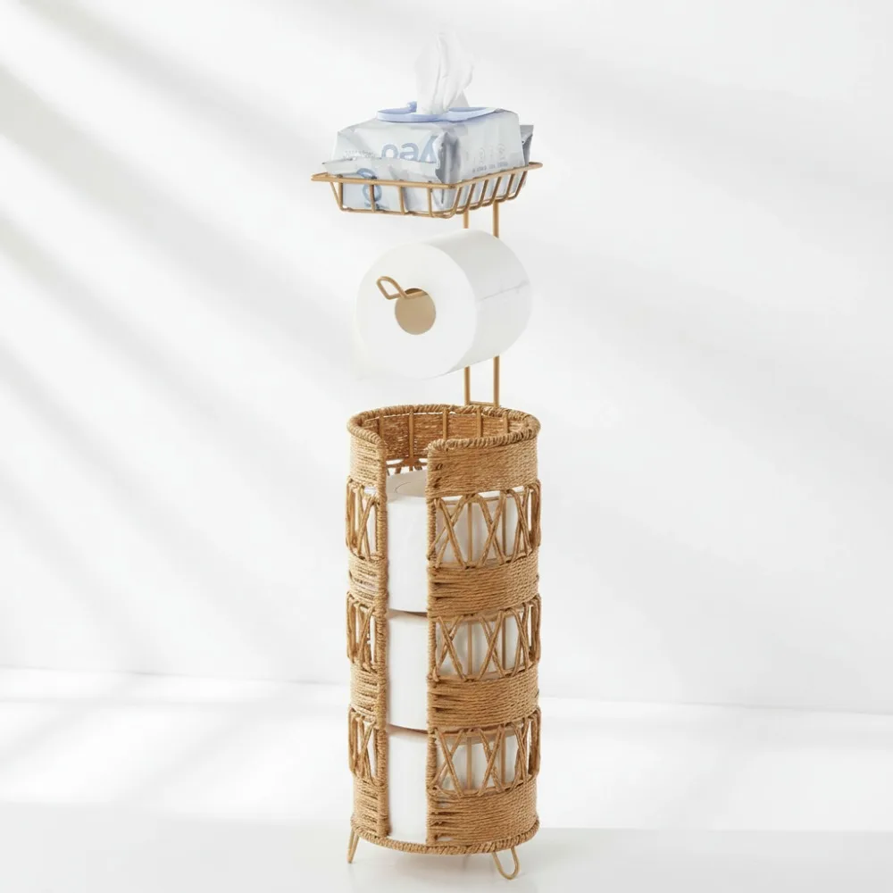

Handmade Rattan Toilet Paper Holder Stand with Shelf for 4 Mega Rolls, Space Saving Bathroom Storage Organizer