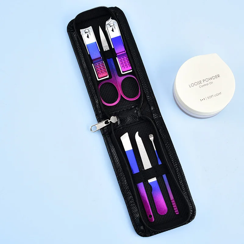 6-in-1 Lila-Blau Farbverlauf Maniküre-Pflegeset, Nagelpflegewerkzeuge mit Schwarzem Reiseetui, Reißverschlusstasche, Nagelschere, Reise-Maniküre-Set