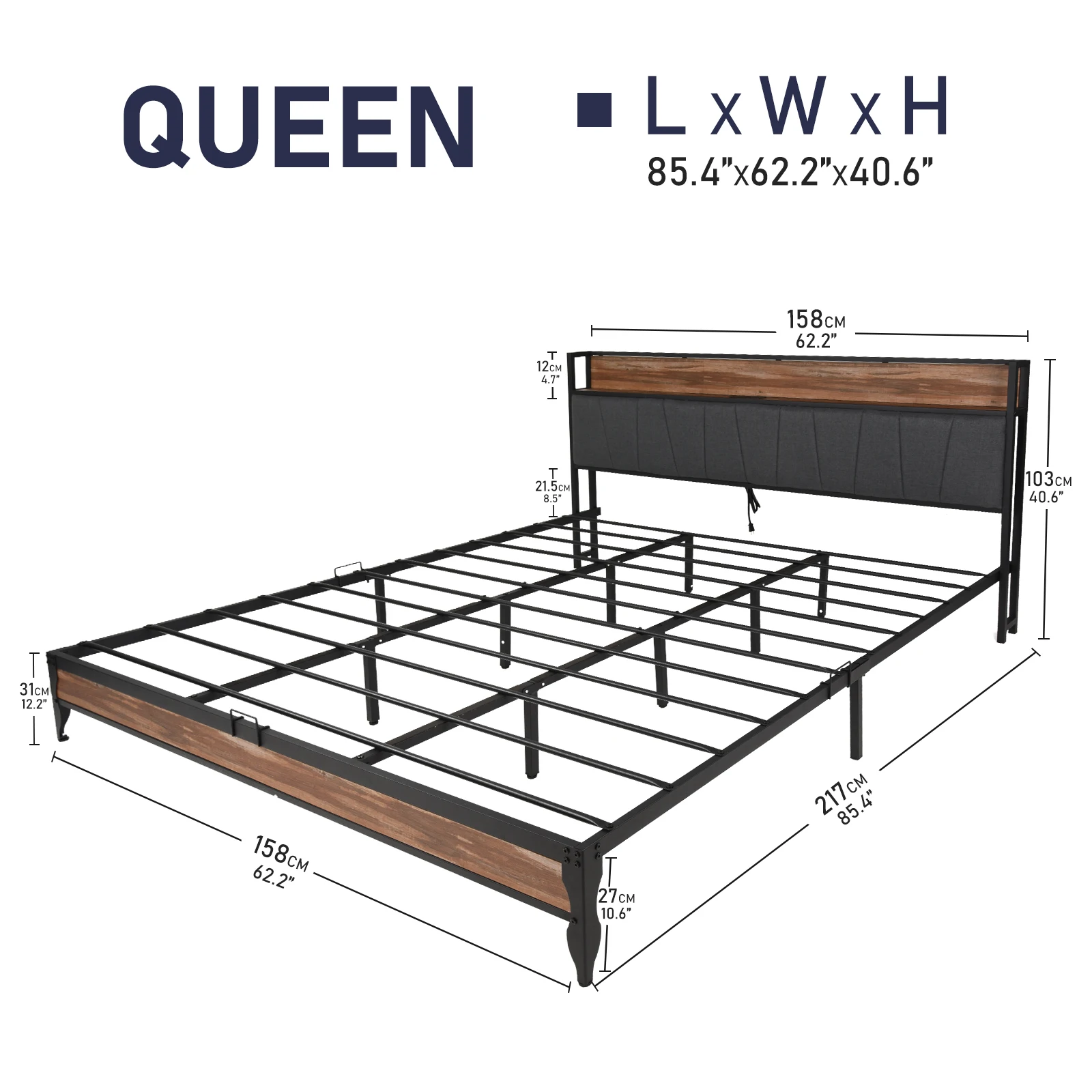 LED Queen Size Bed Frame w/Storage Headboard for Bedroom, Metal Platform Bed w/Outlets & USB/Type-C Port, No Box Spring Needed image 5