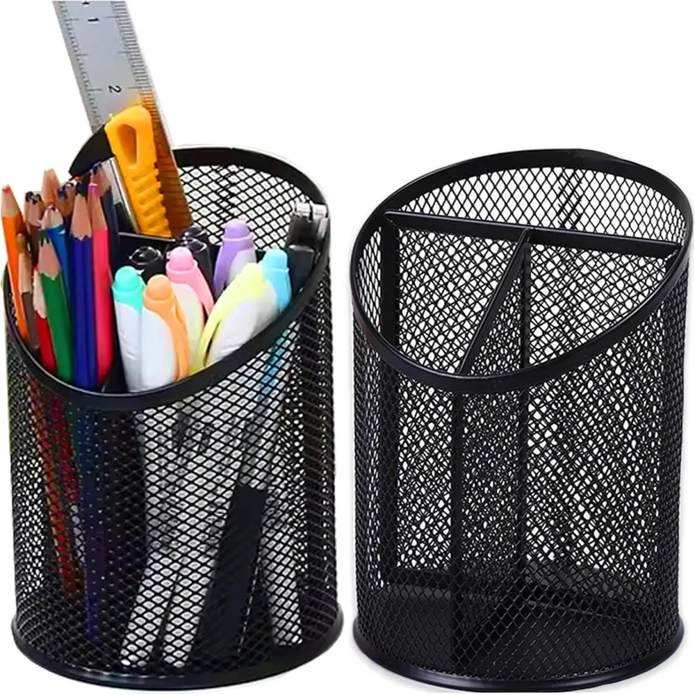 2 packs grid pen holder pen cup Desk round black pen holder Desktop pen organizer 3 compartments pencil organizer