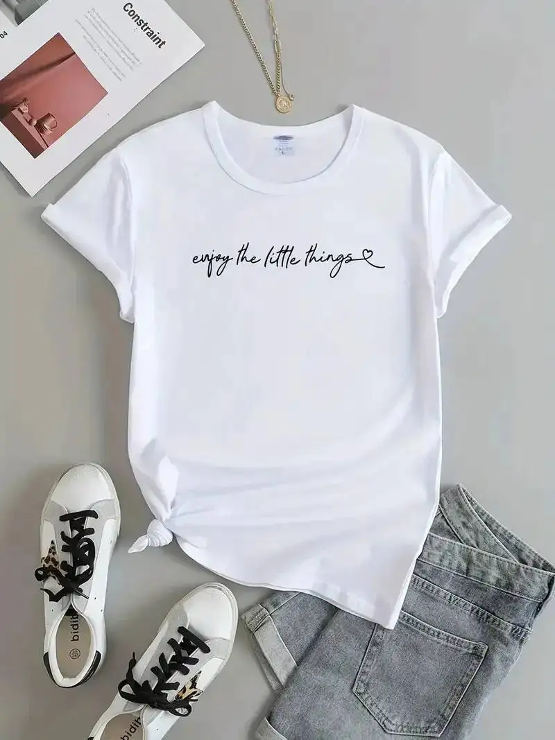 Women T Shirt Print Crew Neck Loose Tops Tee Black Female Summer T-Shirt 90S Girls Graphic Cute Short Sleeves