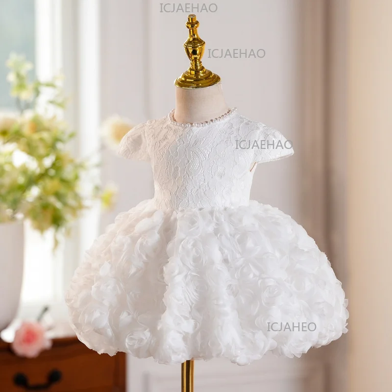 

2026 Children Flower Girl Wedding Baby Pageant Gown Elegance Fashion Costume Princess Dress Kids First Birthday White Formal