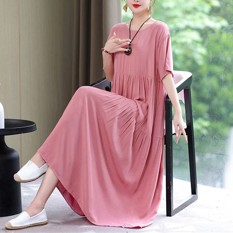 Women Clothes Summer Vintage Print Cotton Linen Beach Dress Fashion Casual Oversize Short Sleeve Elegant Party Long Dresses Robe