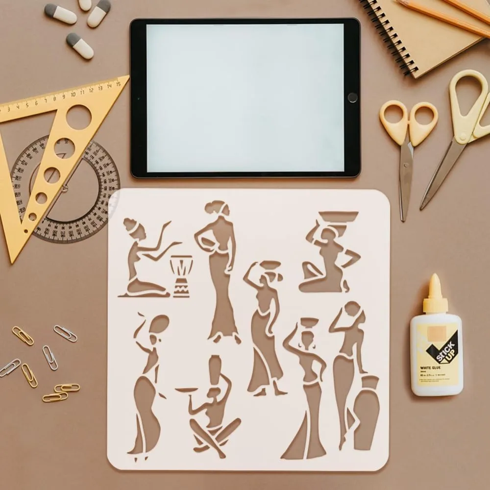 African Woman Stencil 11.8x11.8" Reusable Black Woman Silhouette Template for Painting on Wood Canvas Fabric Wall Furniture view 3