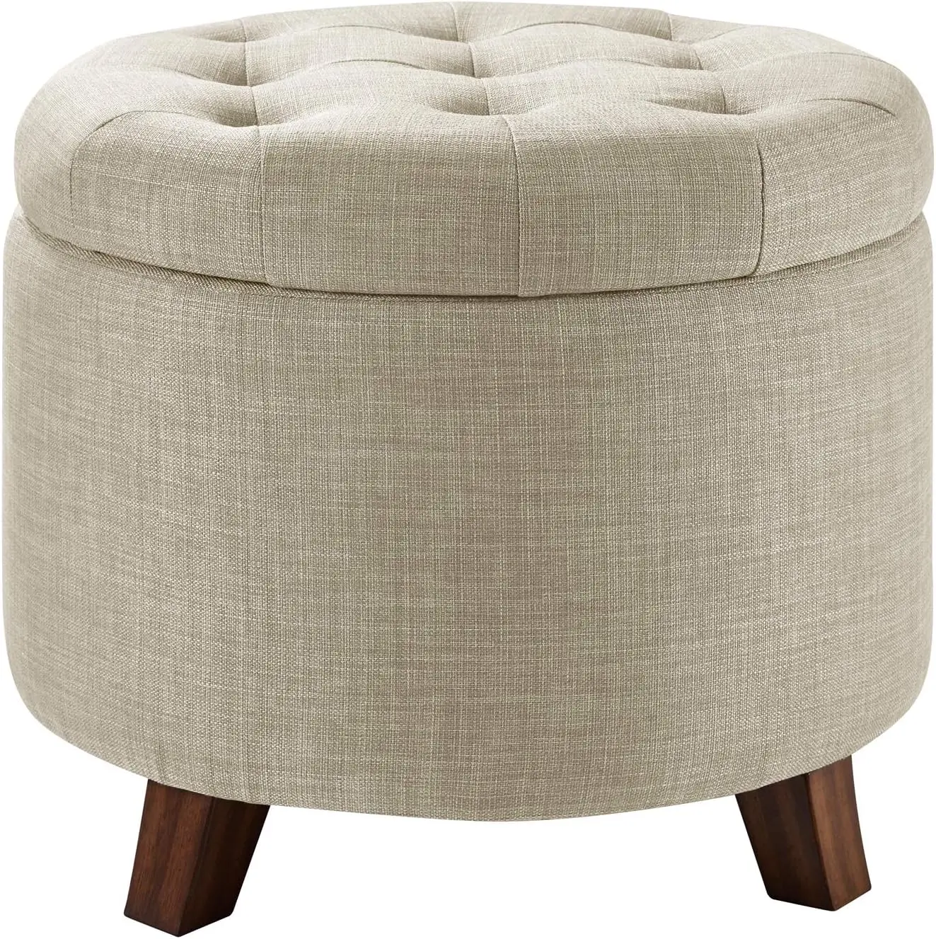 

Round Linen Ottoman with Storage, Tufted Footstool for Living Room and Bedroom, 20x17 Inches, Beige
