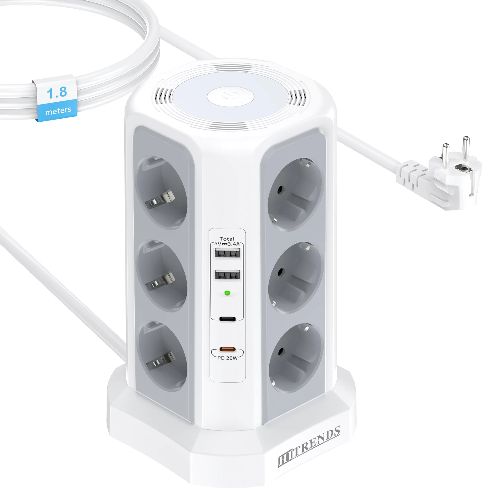 12 Way Power Socket Tower with Night Light, 2 USB A and 2 USB C ports, Multi Socket Surge Protector, 1.8m extension cable