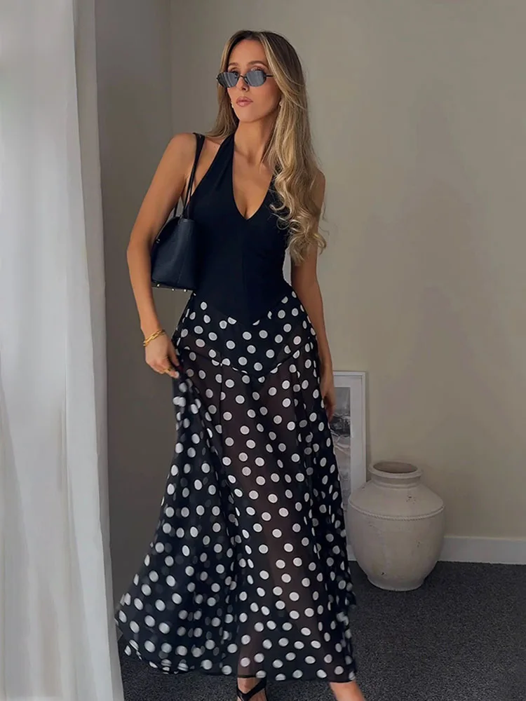 HH Summer Women Fashion Versatile Dress Translucent Splice Polka Dots Sleeveless Backless Zipper Halter Neck Pleated Midi Dress