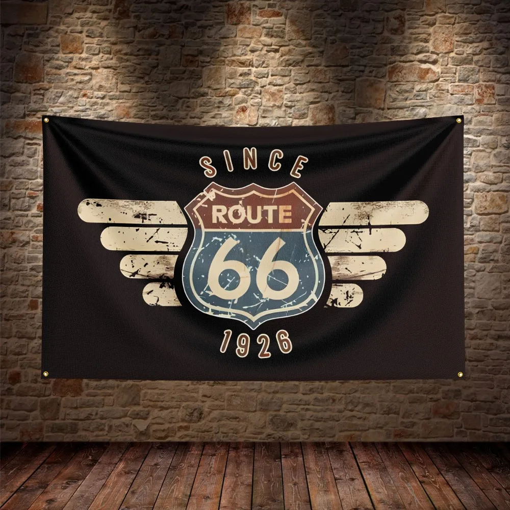 3X5Ft U.S. Route 66 Motorcycle Flag Polyester Digital Printing Car Banner For Decor