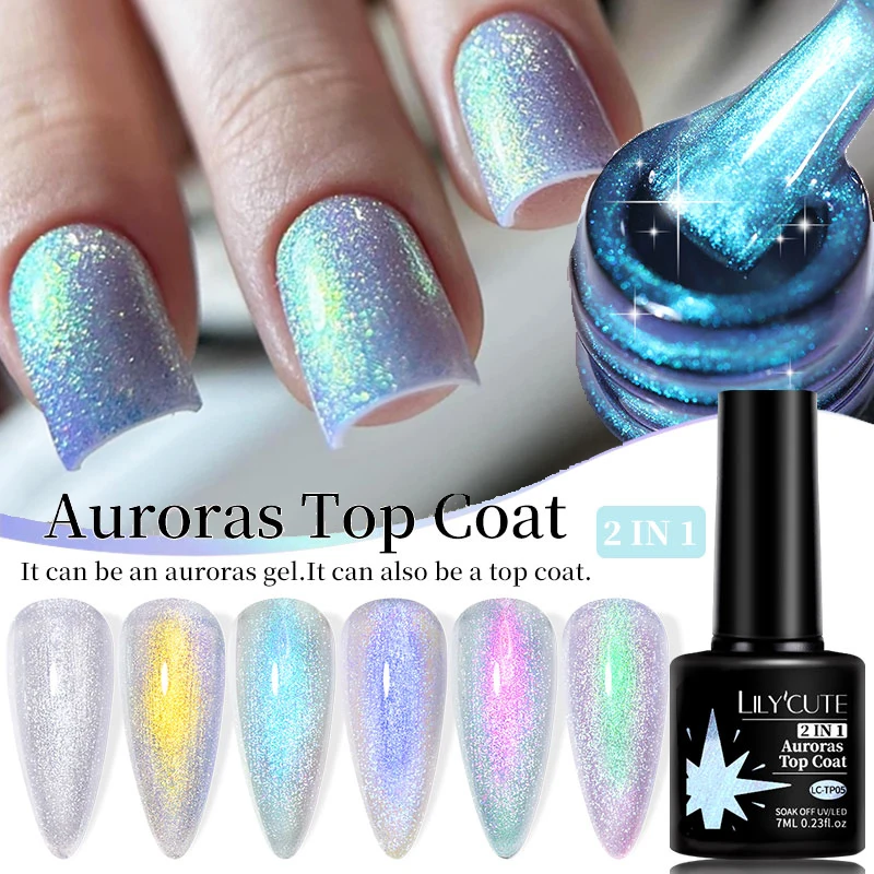 LILYCUTE Aurora Top Coat Gel-Nagellack, Soak Off Sparking Gel Lacke, semi-permanentes UV-Gel, 2-in-1-Funktionsgel für Nagelkunst