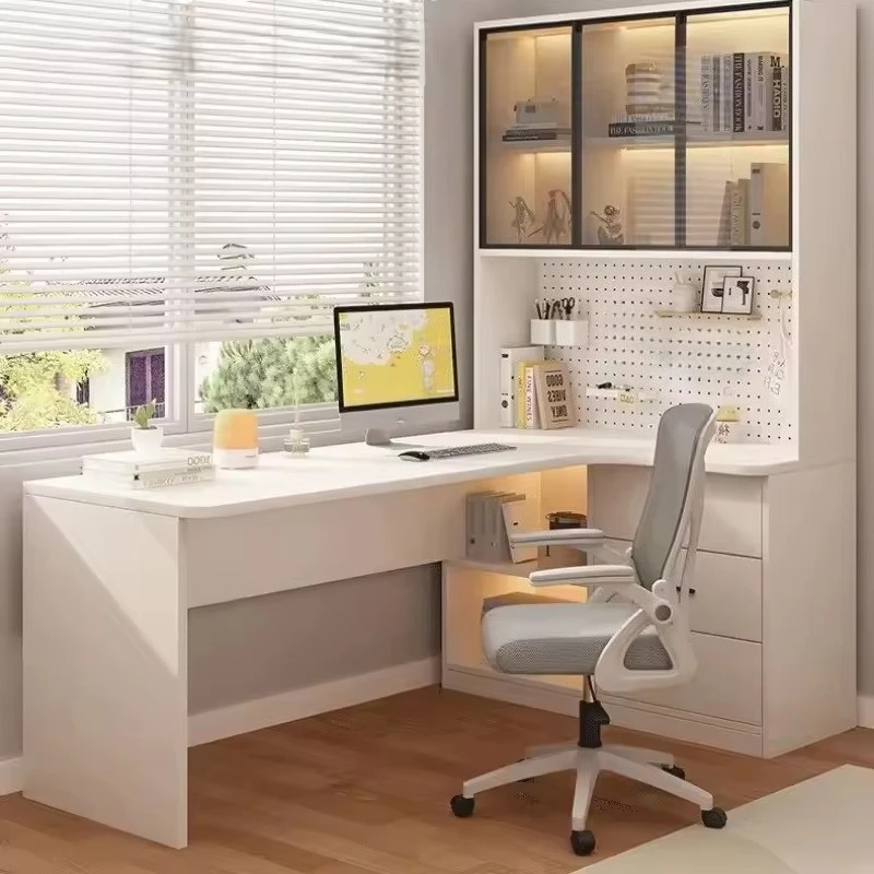 L-Shaped Wooden Computer Desk With Drawers Integrated Bookshelf Home Bedroom Study Office Writing Table