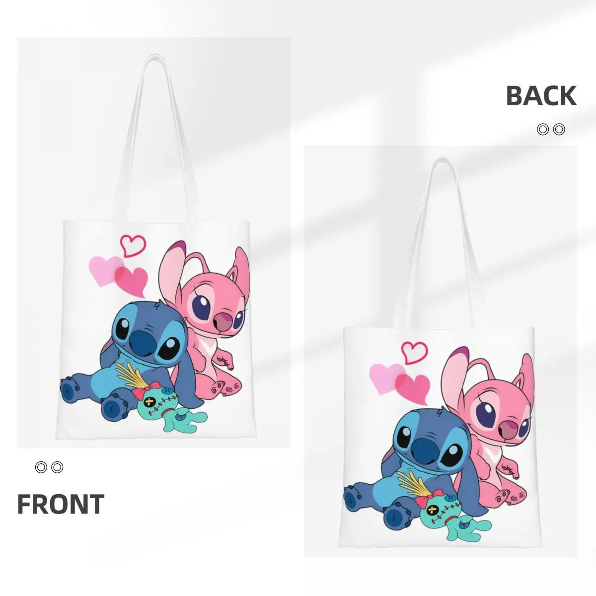 Custom Reusable Stitch And Lilo Stitch Angel Love Shopping Bag Women Canvas Shoulder Tote Bag Washable Grocery Shopper Bags