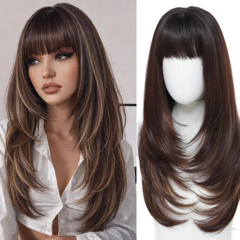 Brown Highlights Wig with Bangs for Women Long Wavy Brown Wigs 4x4 Realistic ...