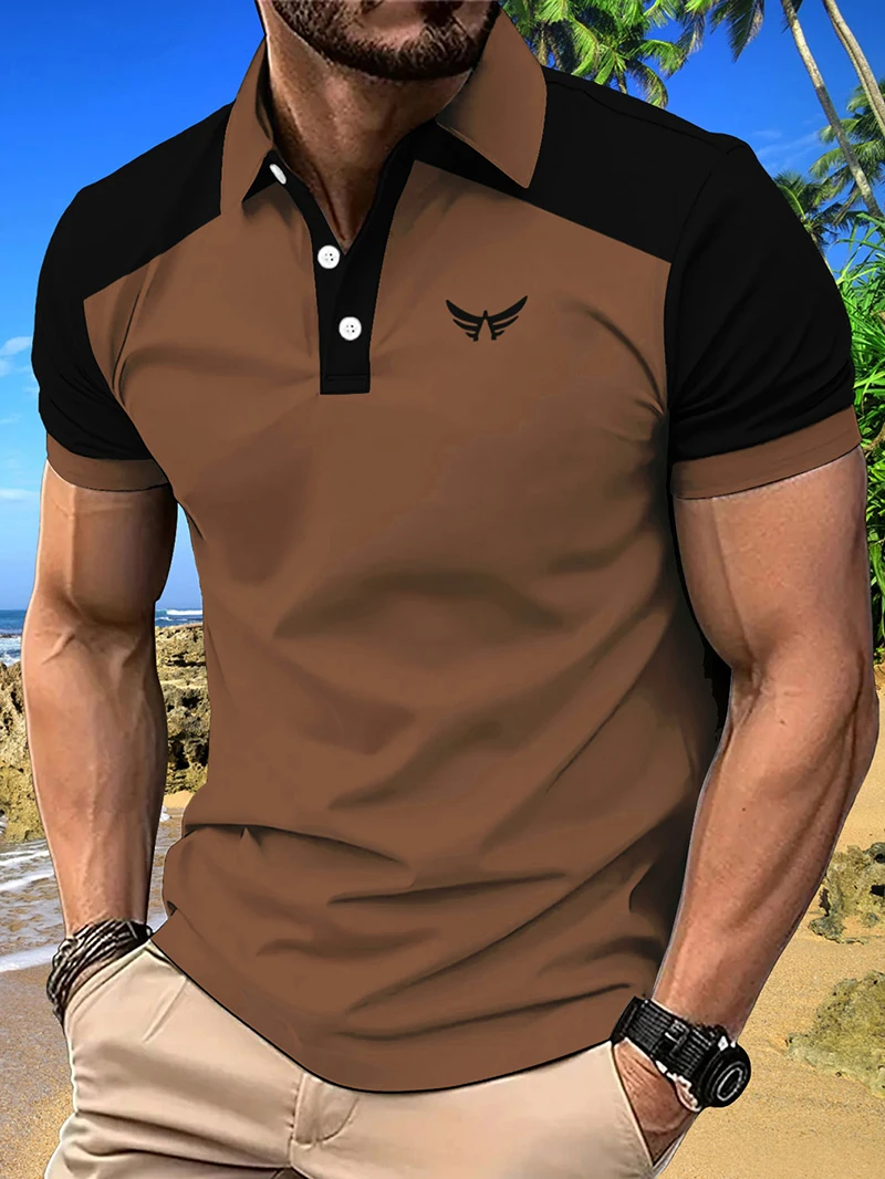 Men's summer short sleeved T-shirt with collar button design, personalized digital print on chest, polo shirt made of polyester