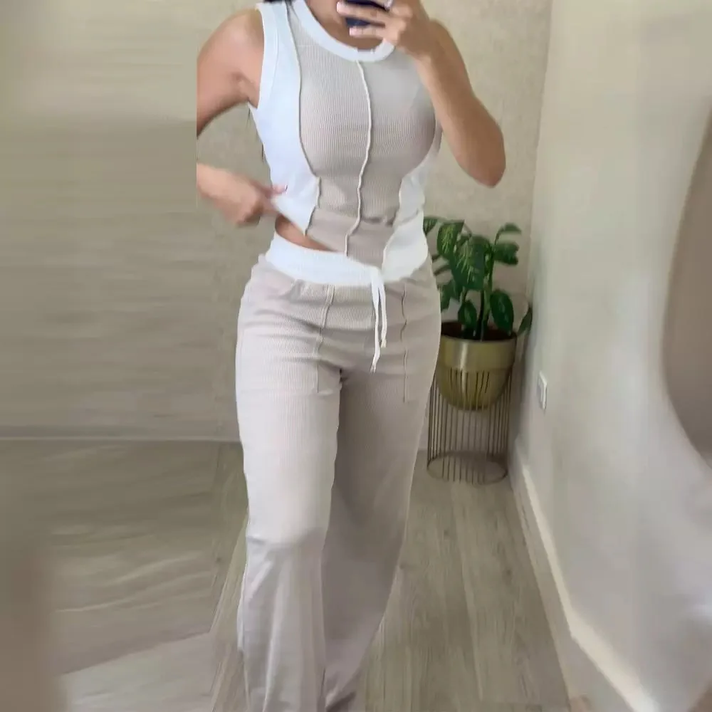 

Two Piece Sets Women Pant Set Slim Fit Round Neck Sleeveless Sling Vest Tops Elegant Splice Wide Leg Long Pants High Waist