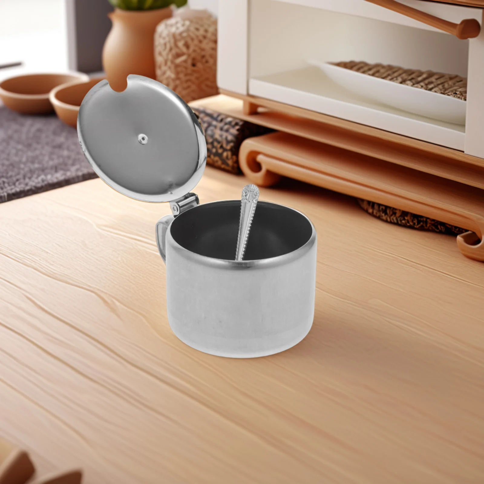 

Stainless Steel Sugar Bowls Spice Jars Kitchen Condiment Containers Lid Spoon Silver Color Multifunctional Pepper Salt