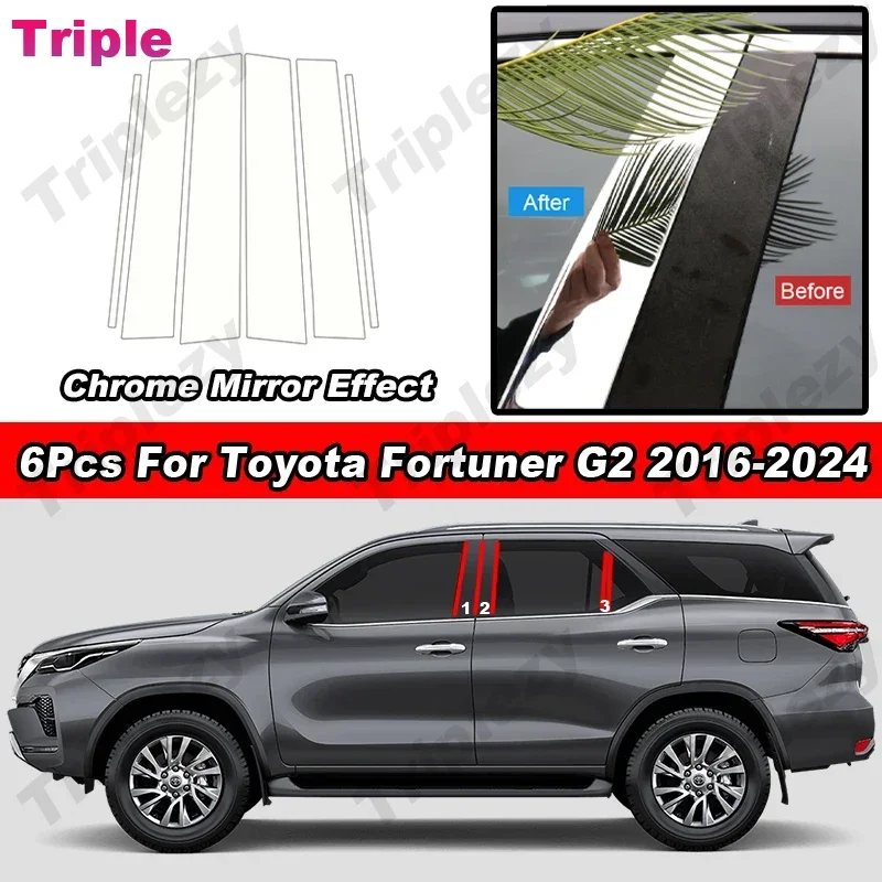 

6Pcs Glossy Chrome Exterior PC Material Car Door Window B C Pillar Post Cover Trim Sticker For Toyota Fortuner G2 2016-2024