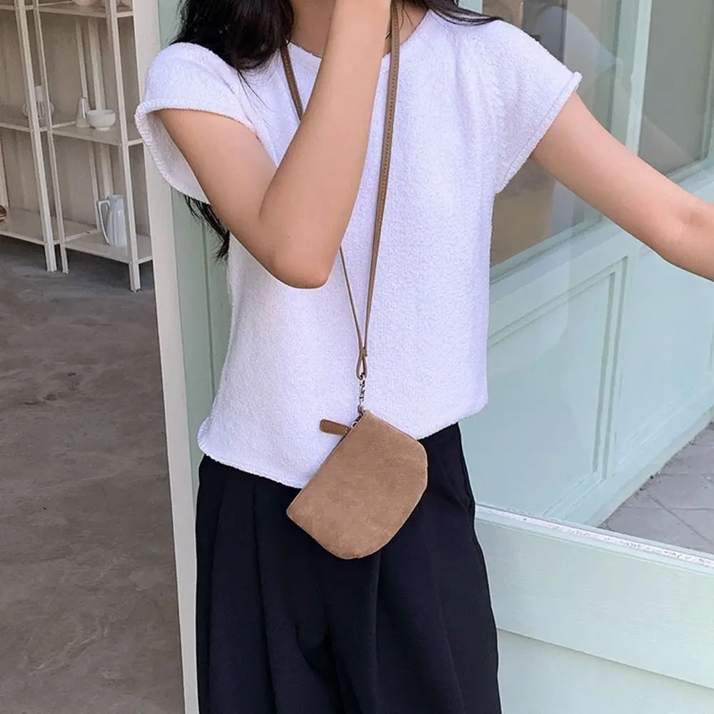 

PU Leather Suede Coin Purse Shoulder Bag Lipstick Earphone Pouch Mini Storage Bag Solid Color Purse Lanyard Wallet Streetwear