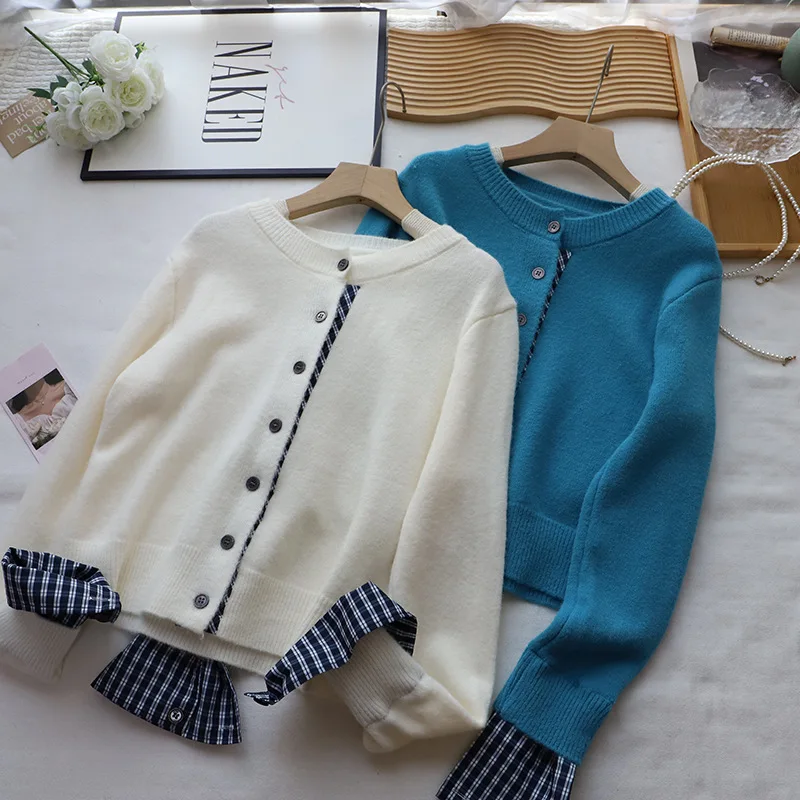 Women Texture Sweaters Fake Two-piece Patch Plaid Long Sleeve One Breasted Soft Knitted Shirt Female Autumn Winter Tops Cardigan