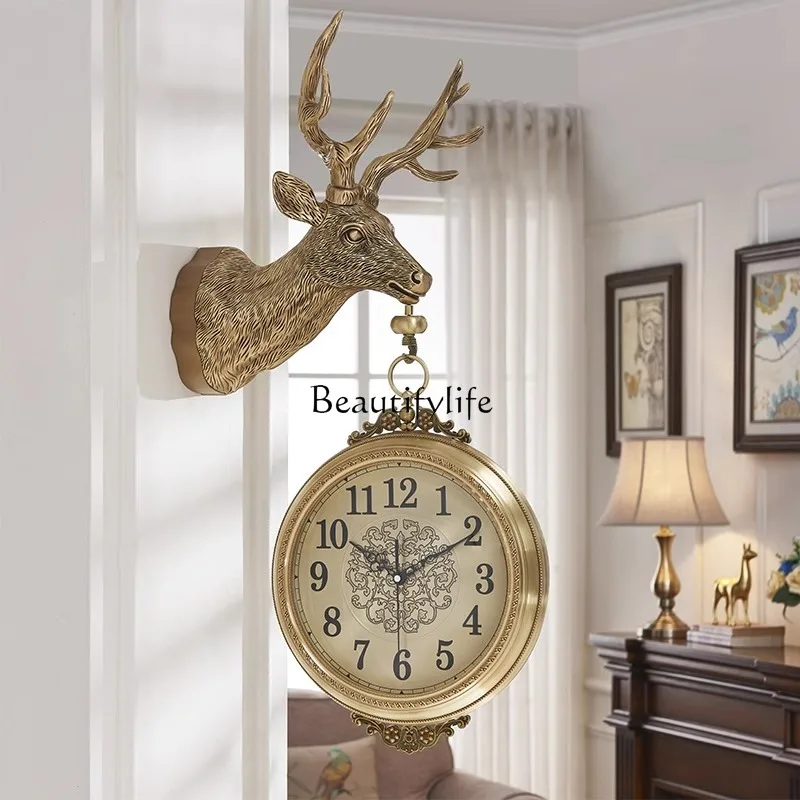 

Lucky Alloy Deer Head Double Sided Wall Clock Bronze Wall Clock European American Living Room