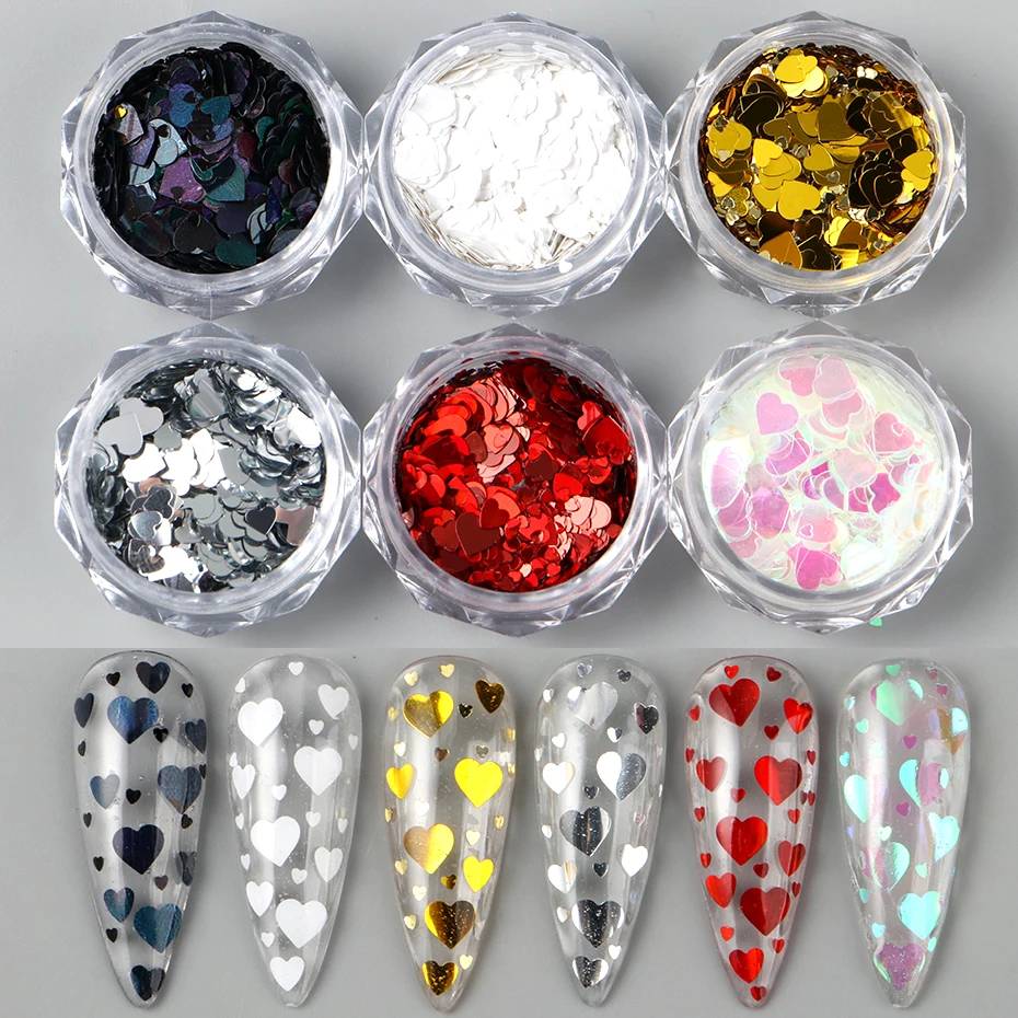 6 pièces amour coeur ongles paillettes flocons paillettes rouge or argent noir blanc holographique coeur saint valentin Nail Art décoration manucure