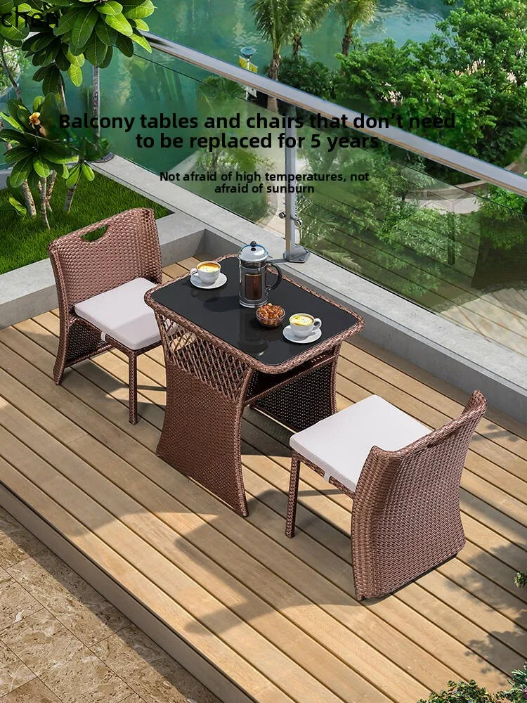 

ZML Balcony Tea Table and Chair Set Leisure Small One Table Two Chairs Tea Table Reading Outdoor Rattan Chair Three-Piece Set