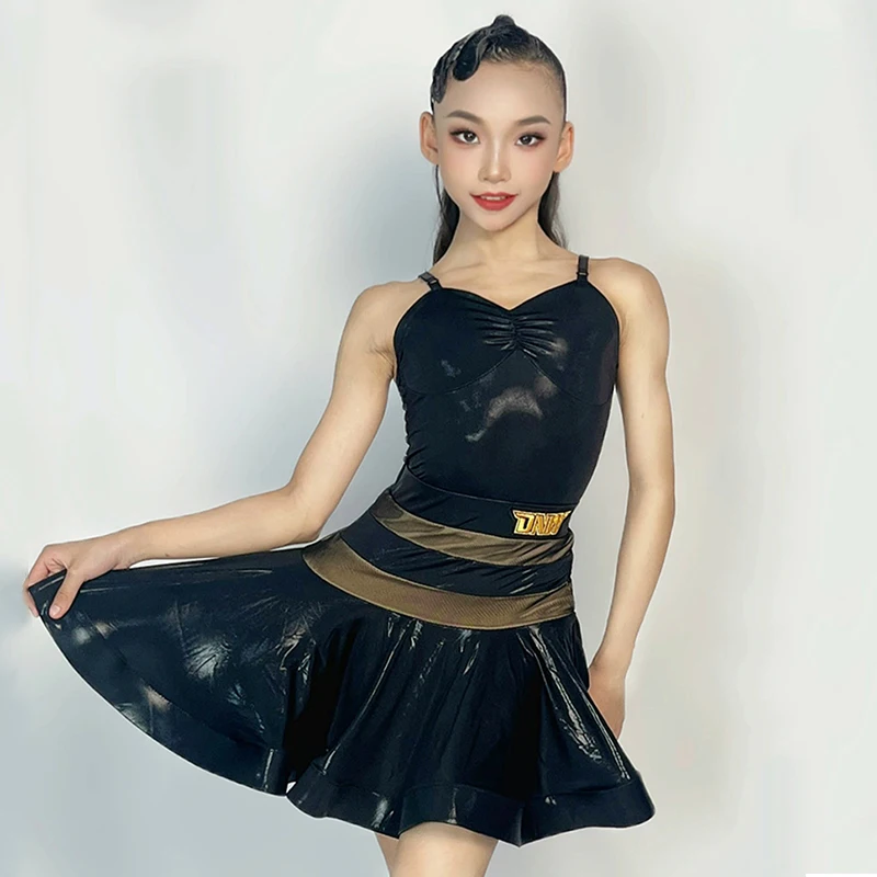 

Summer Latin Dance Dress Sleeveless Black Soft Leather Split Set Girls Competition Suit Stage Show Wear Practice Clothes VDL183