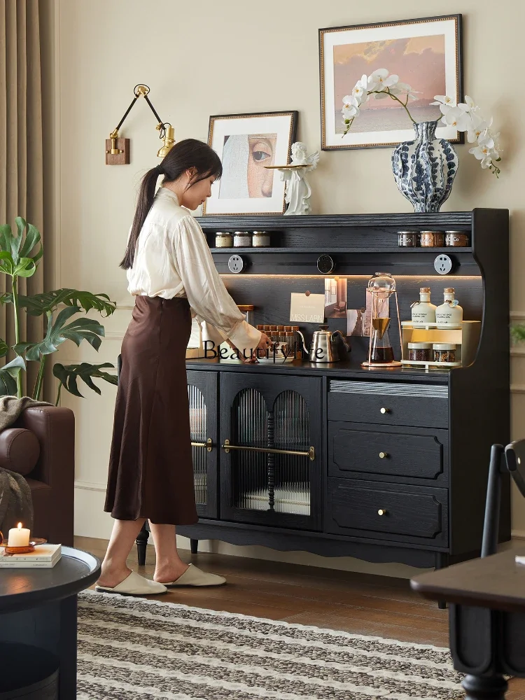 

09French retro solid wood dining side cabinet integrated against the wall living room kitchen storage cabinet tea side cabin