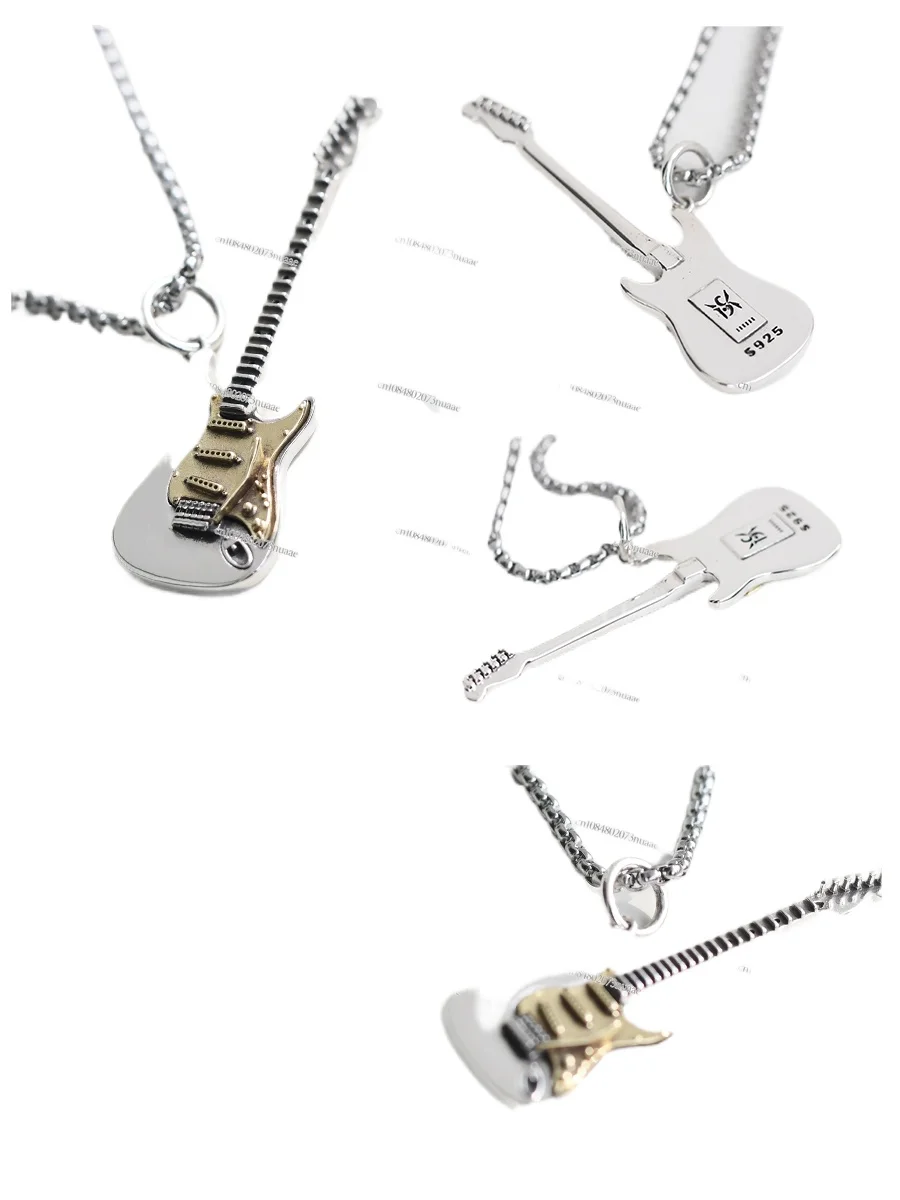 Gujiang-Sterling Silver Pendant Necklace for Men, Electric Guitar, Punk and Rock, Trendy Ornament