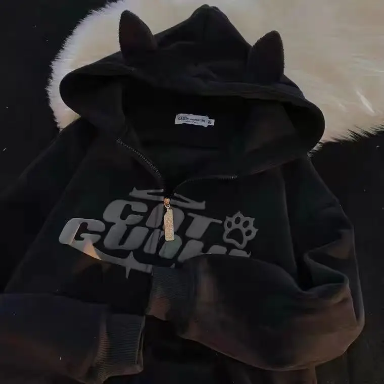 high Quality Demon Hoodies Women Sweater Cat Ear Fashion Design Plush Korean Loose Sweatshirt y2k Gothic Kawaii Zip Up Hoodie