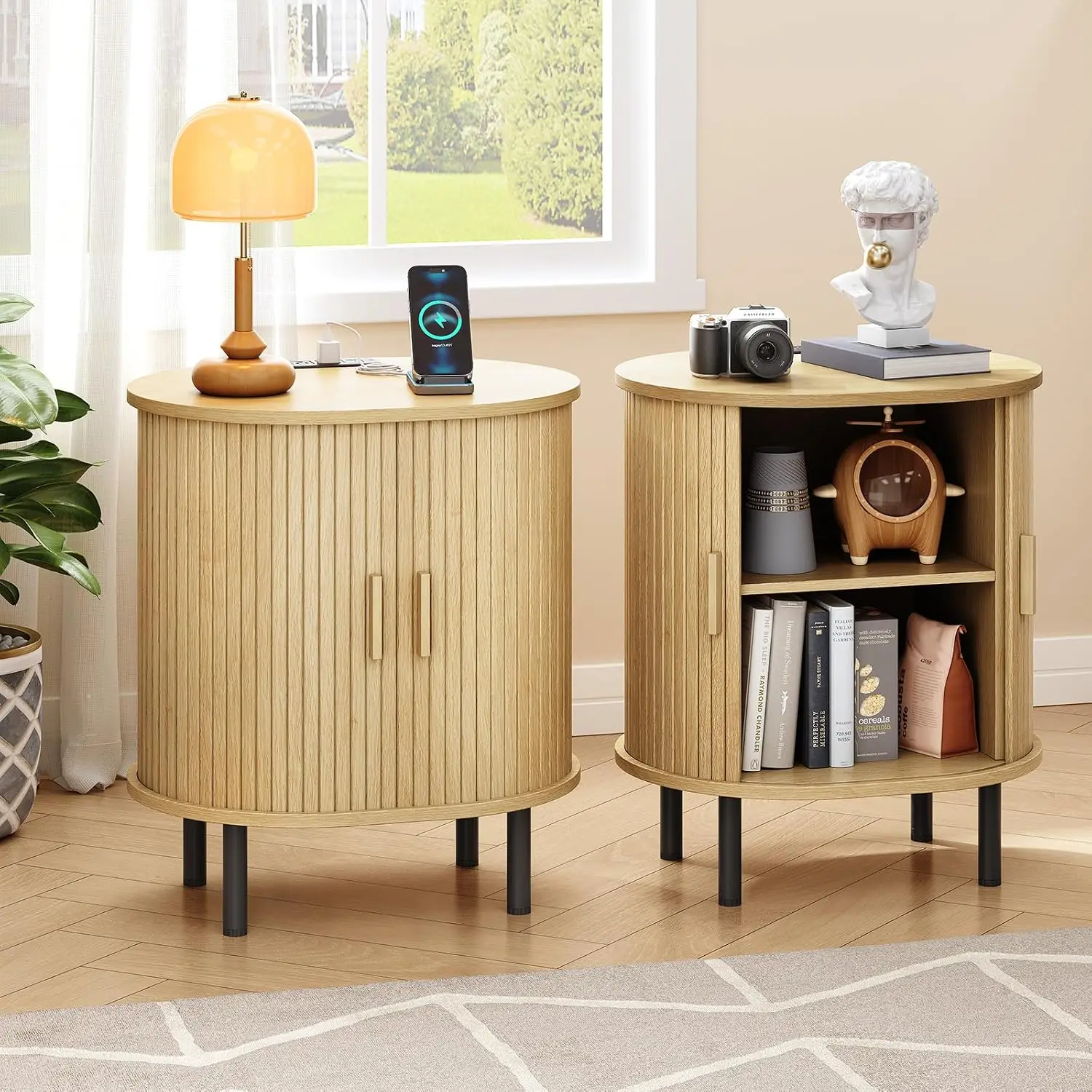 Oval End Table with Charging Station & Sliding Door, Oak Wood, 2-Pack, Customized