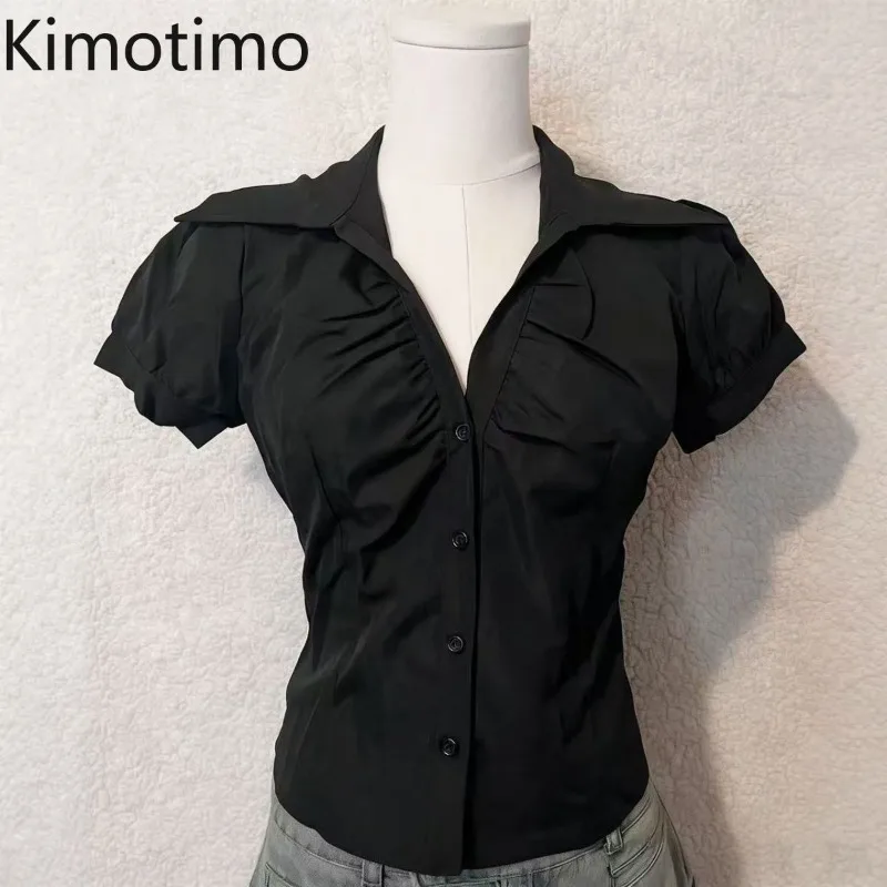 Kimotimo Vintage Black V Neck Folds Shirt Women Japanese Y2k Grunge Button Slim Waist Crop Top Summer Short Sleeve Gothic Blouse