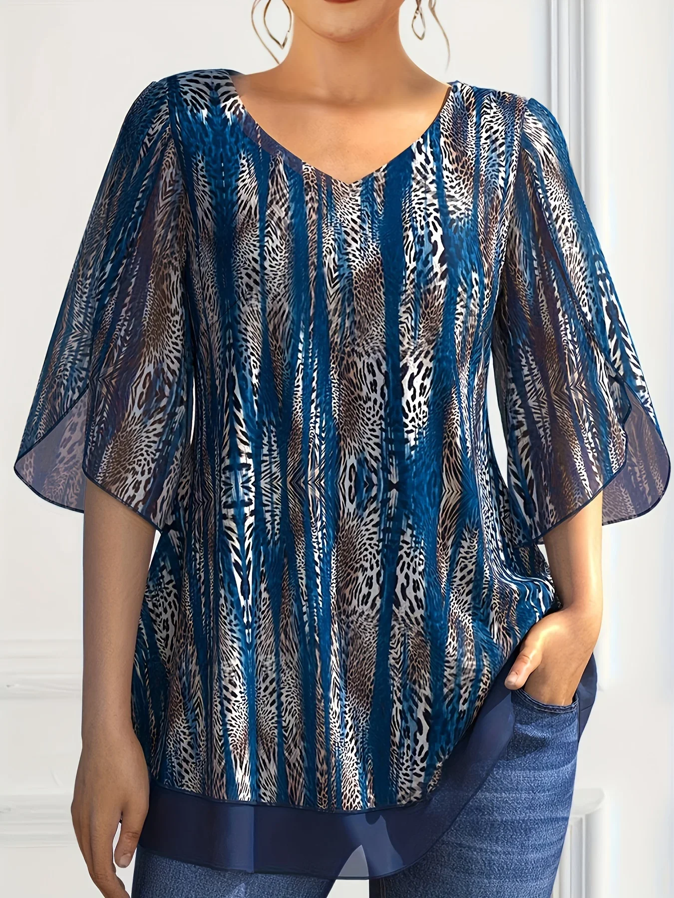 Plus Size Women Chiffon T Shirt V-Neck Half Sleeve Summer Loose Casual Vintage Printing Elegant Office Lady Tee Top dla kobiet
