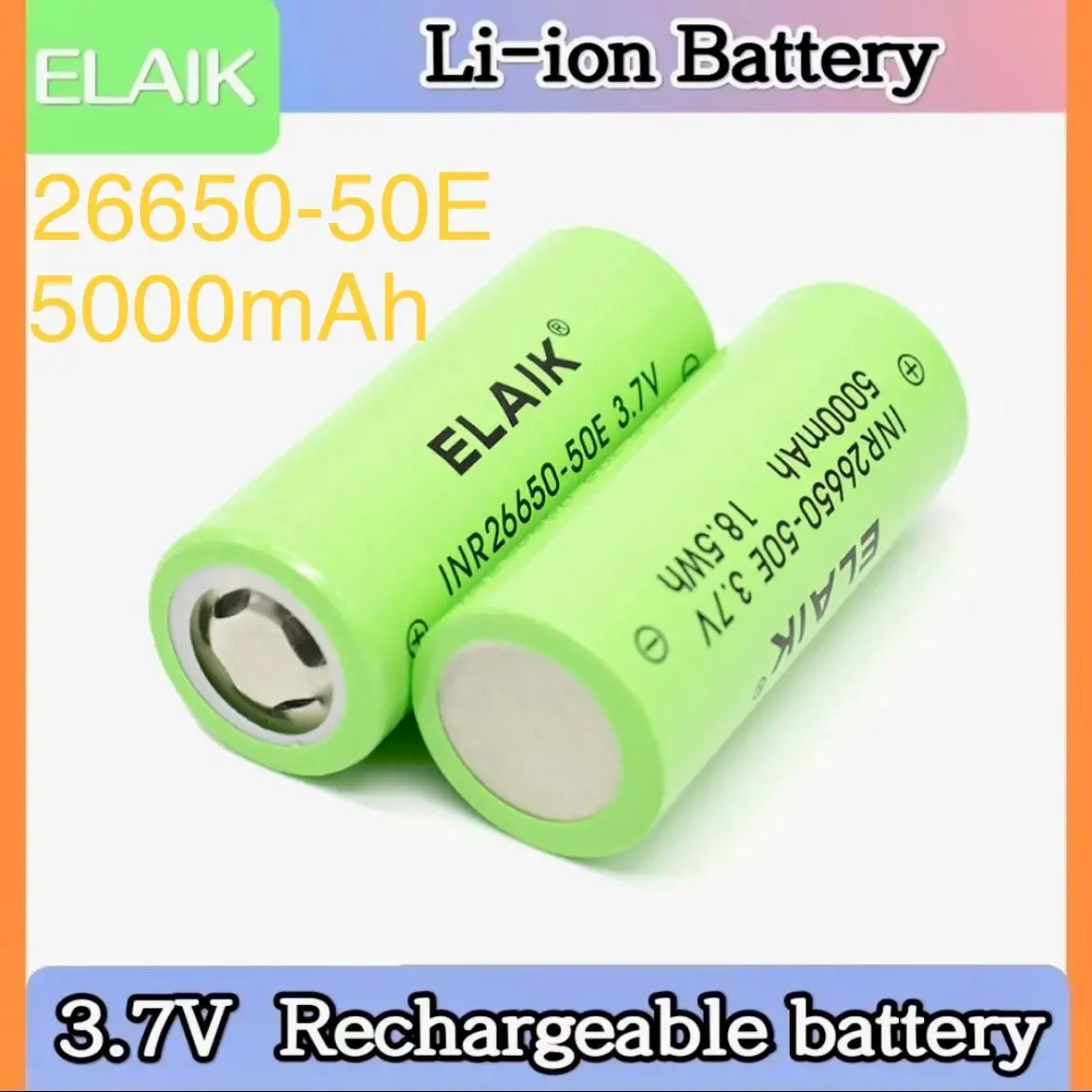 ELAIK INR26650 5000mAh 3.7V High Capacity Rechargeable Lithium Battery Power Tool, Battery Car Battery 50E - Flat Head