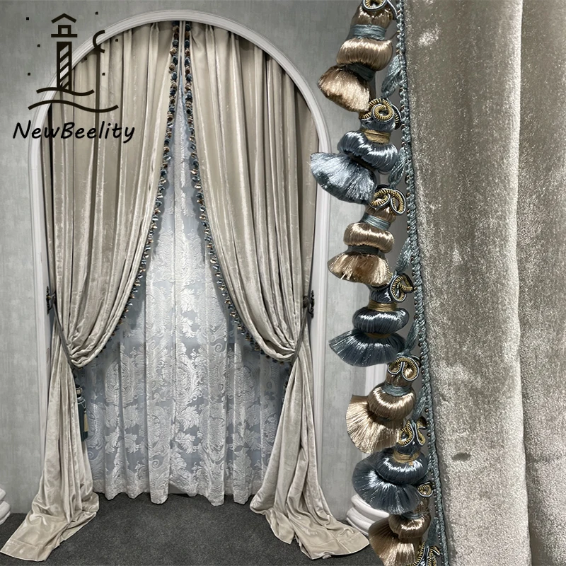 French Silver-gray Velvet Luxury Curtain Villa Window Curtains for Living Room Bedroom Dining Romantic Retro Decoration Drapes