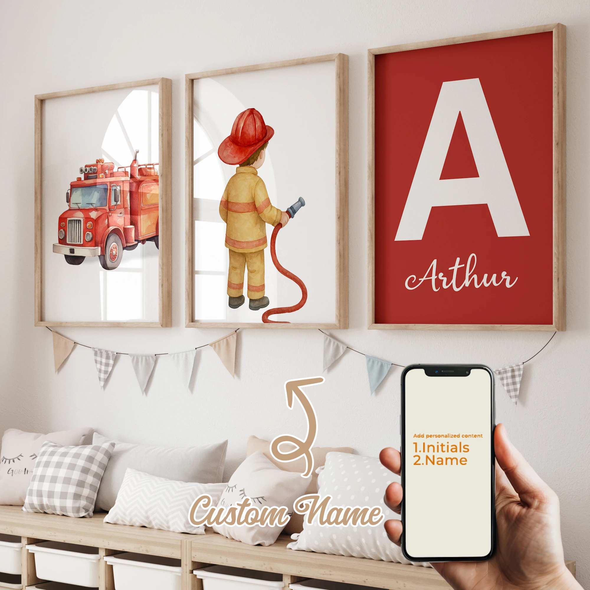 3-teiliges personalisiertes Leinwandbild mit Cartoon-Feuerwehrmann-Motiv und individuellem Namen für Wohnzimmer und Heimdekoration