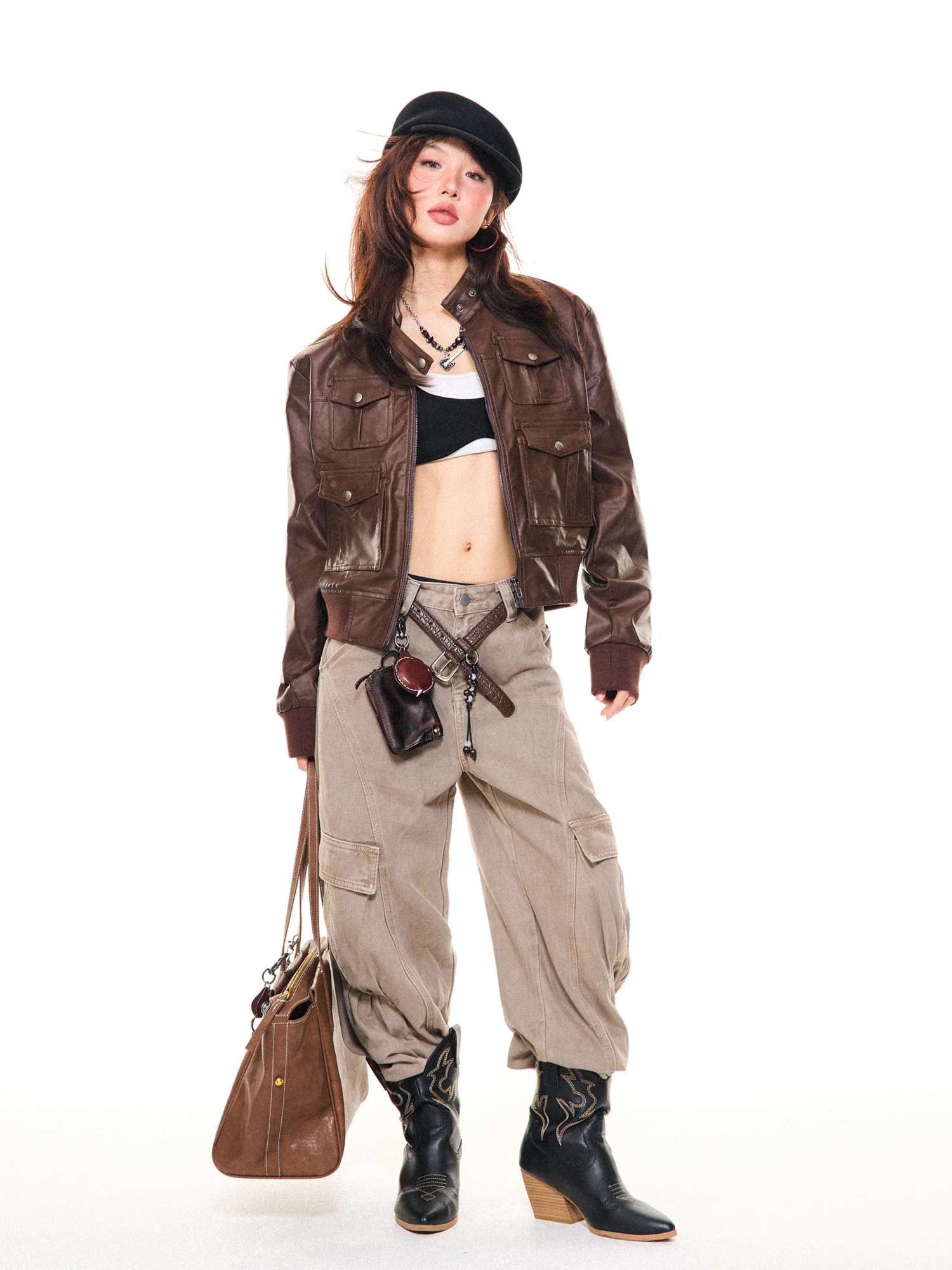 Young Stage Vintage Brown Leather Jaet Women's ort Motorcycle Sle Stand Collar Autumn Faion Outerwear