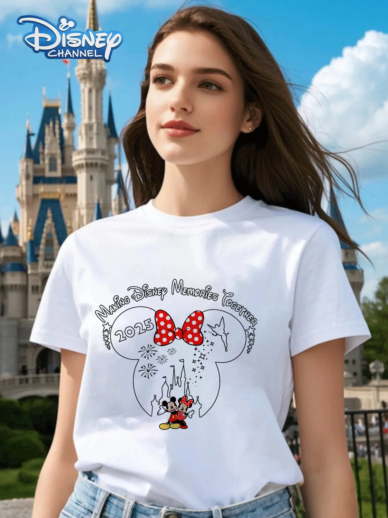 

Футболка с рисунком Минни Маус Диснея — Повседневная летняя футболка Magic Moment 2025 с ушками Микки и горошек с Микки Маусом