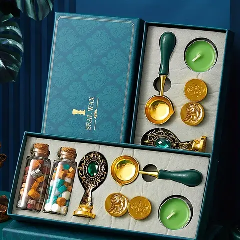 9 Uds.-sellos sellados de cera retro europeo, cera + cuchara + vela + cabezal de sello + mango + bolígrafo de colores, juego de sellos de latón lacado