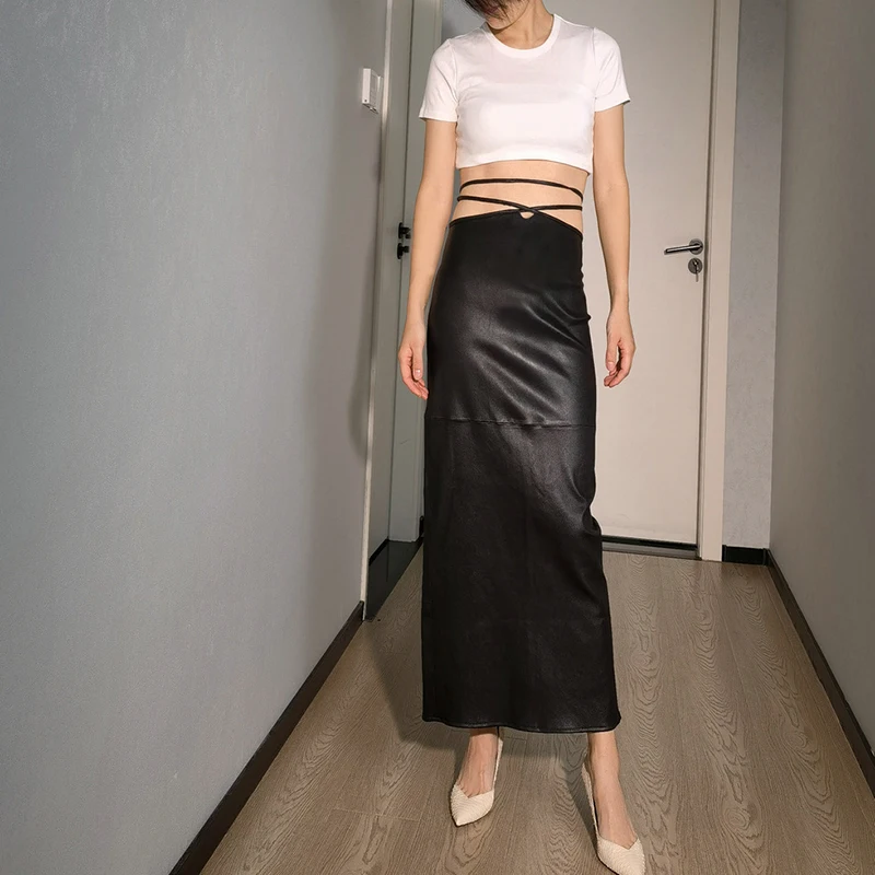 Long Leather Skirt Women European and American Street Style Crossed Strapped Belt Genuine Sheepskin Sexy Fashion Wrap Hip Skirts