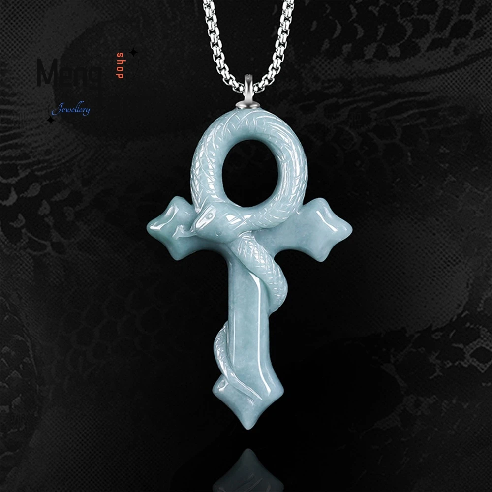 

Original Natural A-Grade Jadeite Zodiac Cross Spirit Snake Pendant Ice Jade Hip-Hop Fashion Jewelry High-grade Fine Holiday Gift
